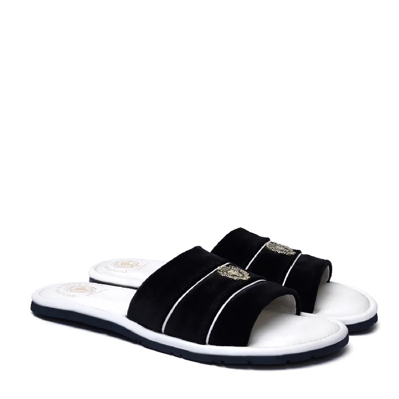 Men's slippers in a warm color like red or brownBlack Velvet Strap White Leather Slide-in Slippers By BRUNE & BARESKIN Men's slippers in a warm color like red or brownBlack Velvet Strap White Leather Slide-in Slippers By BRUNE & BARESKIN