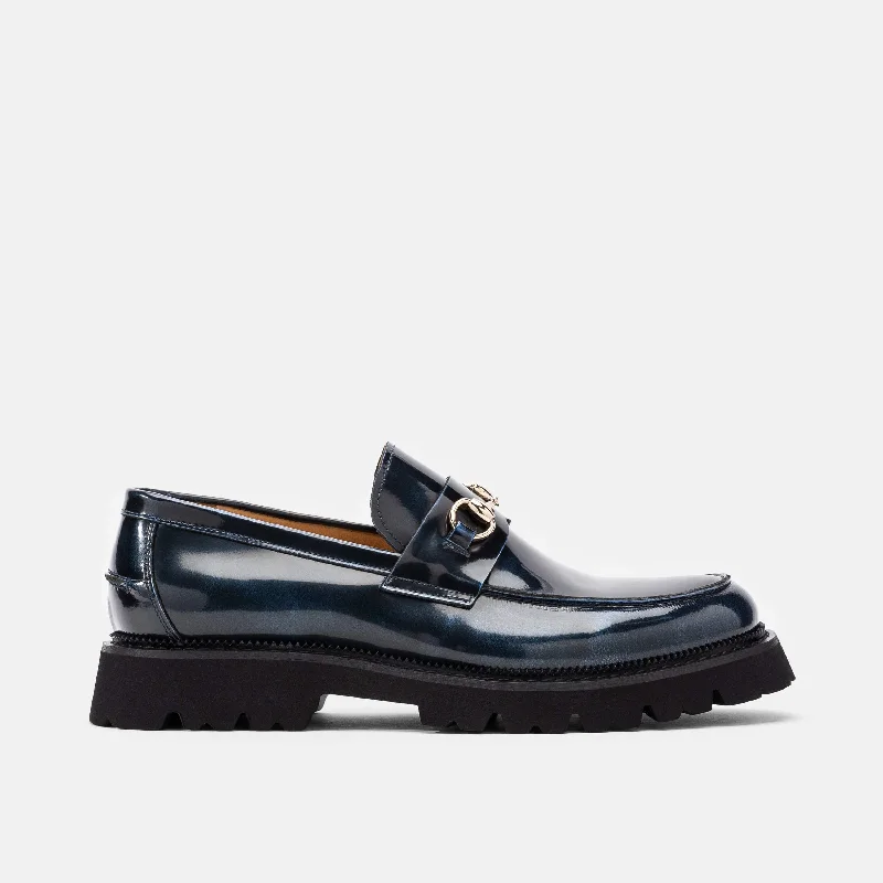 Men's loafers with a perforated leather upper for ventilationBlake Navy Patent Leather Lug Bit Loafers Men's loafers with a perforated leather upper for ventilationBlake Navy Patent Leather Lug Bit Loafers