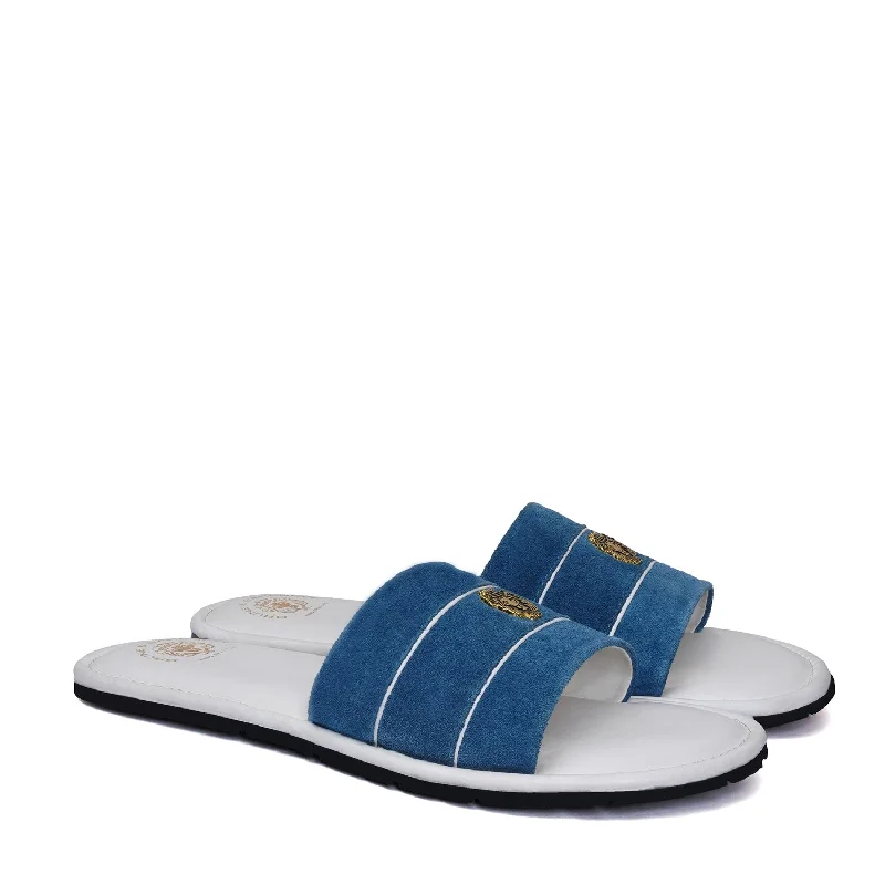Men's slippers with a soft, flexible soleBlue Suede Strap White Leather Slide-in Slippers