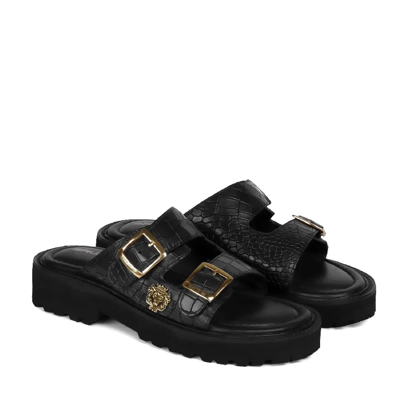 Slipper - boot style men's slippers for cold feetChunky Sole Slide-in Slippers in Black Cut Croco Textured Leather Slipper - boot style men's slippers for cold feetChunky Sole Slide-in Slippers in Black Cut Croco Textured Leather