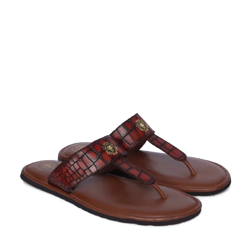 Men's slippers with a wool blend upper for warmthCognac T- Strap Slippers in Deep Cut Croco Textured Leather Men's slippers with a wool blend upper for warmthCognac T- Strap Slippers in Deep Cut Croco Textured Leather