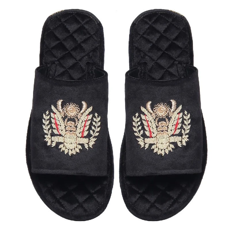 Men's slippers with a memory foam insoleQuilted Base Slide-in Slippers with Crown Eagle Zardosi on Black Velvet Men's slippers with a memory foam insoleQuilted Base Slide-in Slippers with Crown Eagle Zardosi on Black Velvet