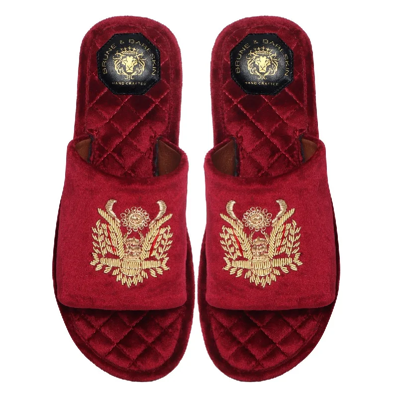 Men's slippers with a wool blend upper for warmthQuilted Base Slide-in Slippers with Crown Eagle Zardosi on Red Velvet Men's slippers with a wool blend upper for warmthQuilted Base Slide-in Slippers with Crown Eagle Zardosi on Red Velvet