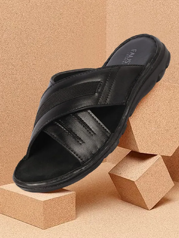 Men's slippers with a padded collar for comfortMen Black Genuine Leather Cross Strap Open Toe Suede Leather Insole Slippers Men's slippers with a padded collar for comfortMen Black Genuine Leather Cross Strap Open Toe Suede Leather Insole Slippers