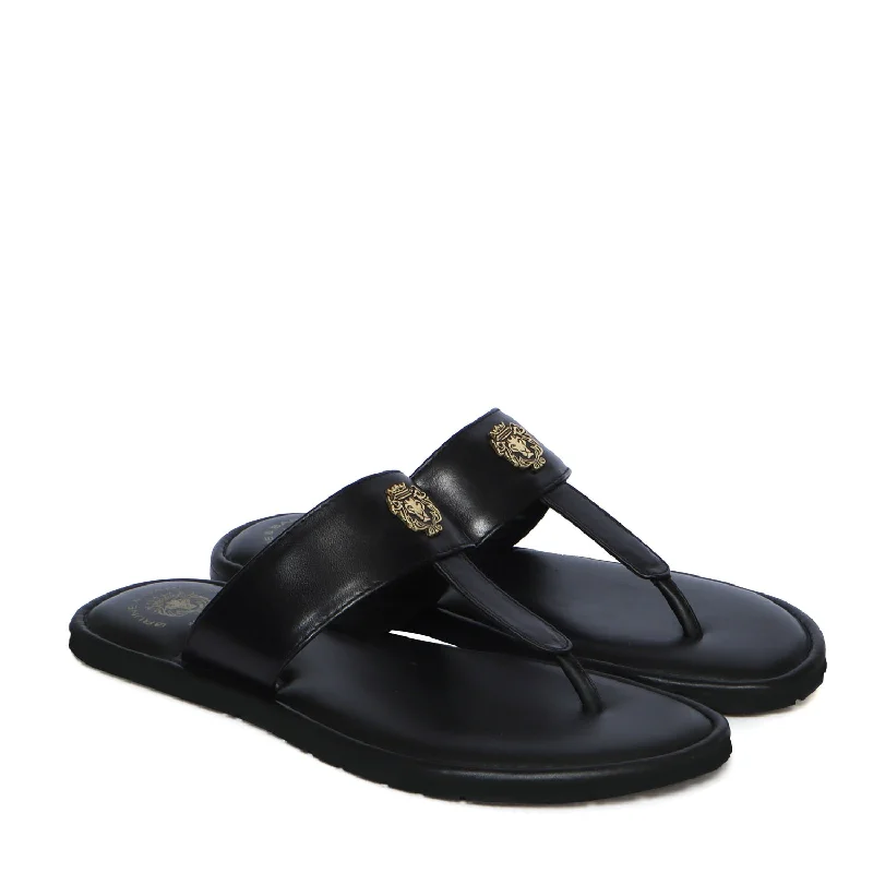 Men's slippers with a rubber sole for outdoor useBlack Leather T-Strap Slide-in Slippers with Golden Metal Lion Men's slippers with a rubber sole for outdoor useBlack Leather T-Strap Slide-in Slippers with Golden Metal Lion