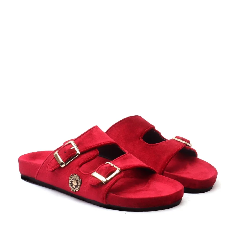 Men's slippers with a wool blend upper for warmthRed Italian Velvet Slippers with Adjustable Buckle Strap Men's slippers with a wool blend upper for warmthRed Italian Velvet Slippers with Adjustable Buckle Strap