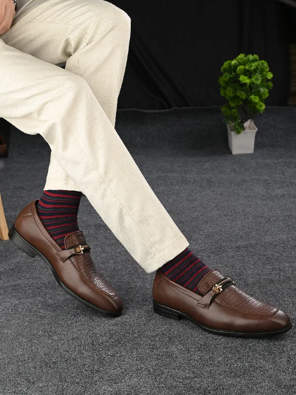 Men's casual shoes with a geometric patternGENUINE LEATHER MEN'S CALABRIA BROWN BUCKLE SLIP-ON SHOE FOR MEN