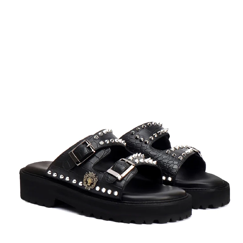 Men's slippers with a logo patch on the sideStudded Slide-in Slippers with Chunky Sole in Black Cut Croco Leather Detailing Men's slippers with a logo patch on the sideStudded Slide-in Slippers with Chunky Sole in Black Cut Croco Leather Detailing