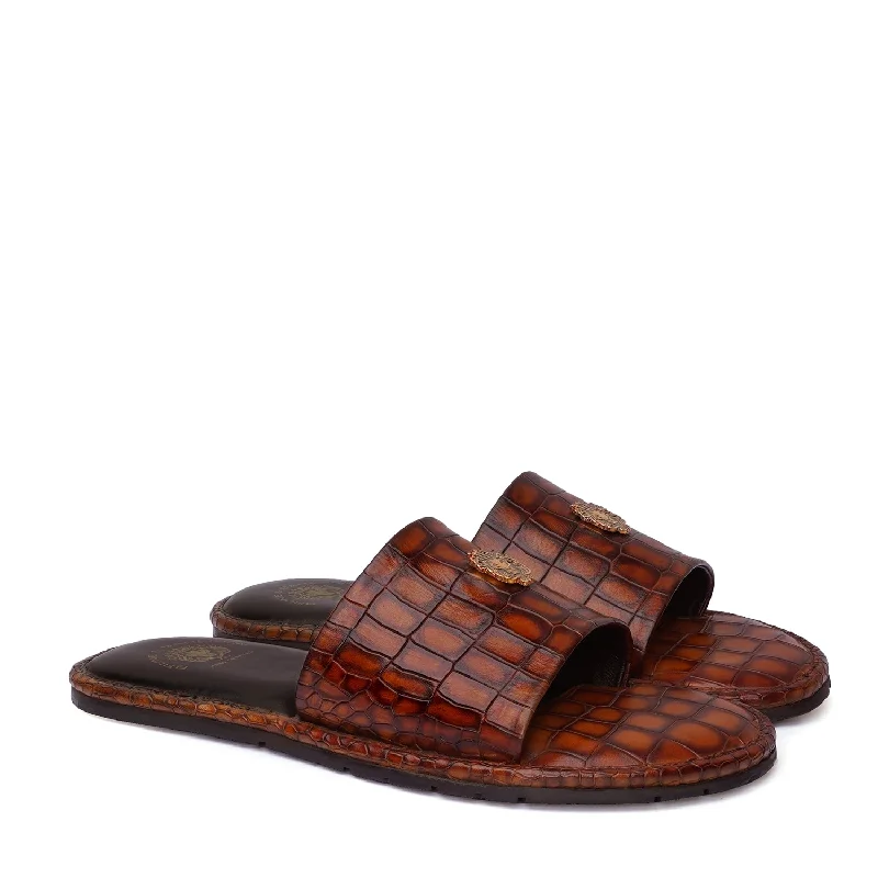 Men's slippers with a decorative pom - pom or tasselTan Leather Slide-In-Slippers