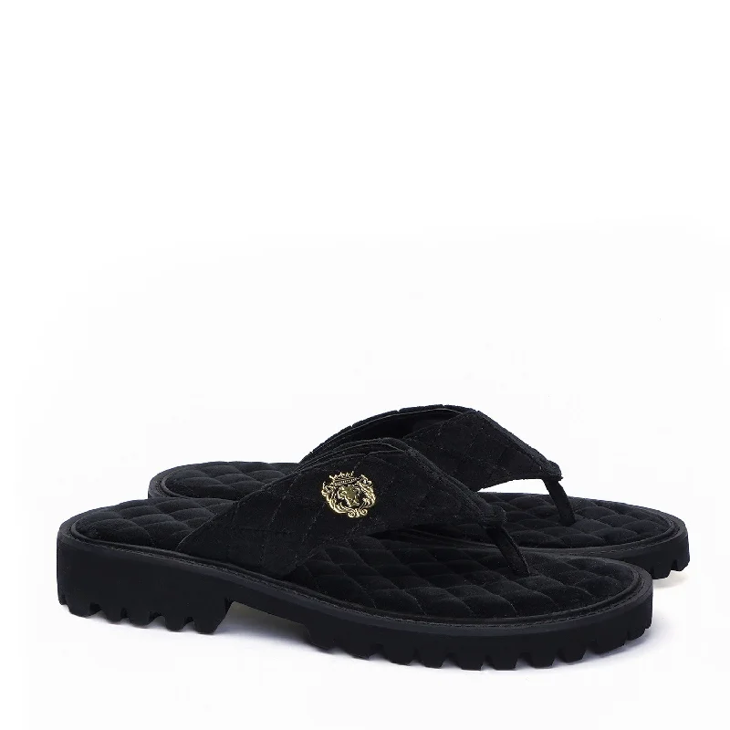 Men's slippers with a Velcro closure for easy on and offV-Strap Chunky Sole Slipper in Black Italian Velvet Men's slippers with a Velcro closure for easy on and offV-Strap Chunky Sole Slipper in Black Italian Velvet
