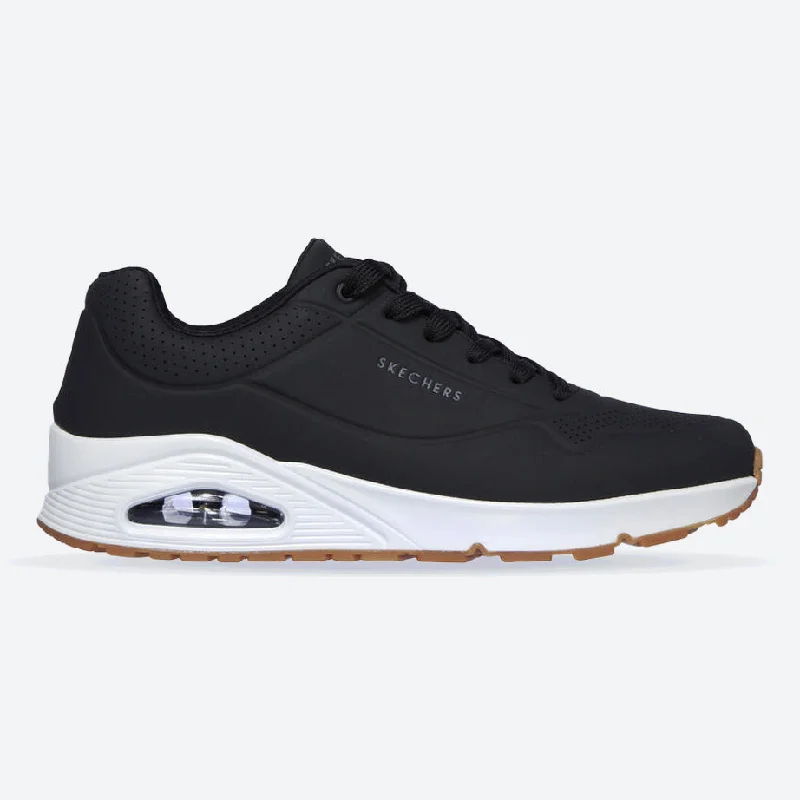 Men's sneakers with a perforated leather upper for ventilationMen's Wide Fit Skechers 52458 Uno - Stand On Air Walking Sneakers - Black/White Men's sneakers with a perforated leather upper for ventilationMen's Wide Fit Skechers 52458 Uno - Stand On Air Walking Sneakers - Black/White