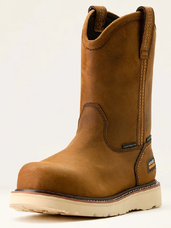 Men's cowboy boots in a dark brown leatherAriat 10053613 Mens Rebar Wedge Pull-On Waterproof Composite Toe Work Boot Distressed Brown Men's cowboy boots in a dark brown leatherAriat 10053613 Mens Rebar Wedge Pull-On Waterproof Composite Toe Work Boot Distressed Brown