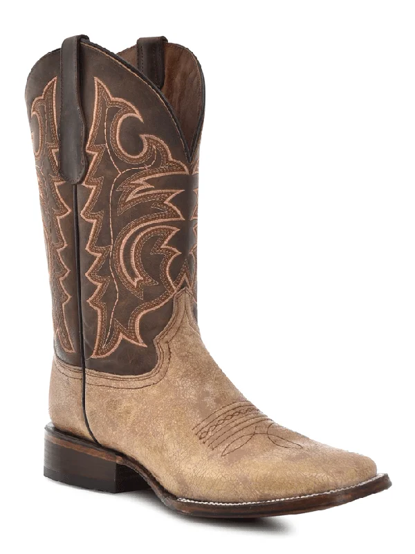 Men's cowboy boots with a snake - skin textureCircle G L6134 Mens Embroidery Wide Square Toe Boot Shedron Tan Men's cowboy boots with a snake - skin textureCircle G L6134 Mens Embroidery Wide Square Toe Boot Shedron Tan