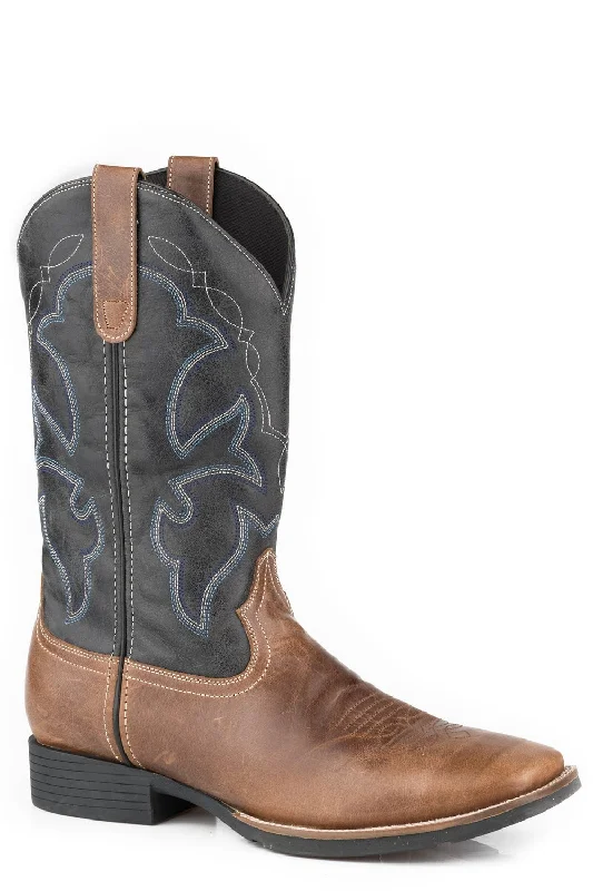 Men's cowboy boots with a decorative inlayRoper Mens Brown/Navy Leather Monterey 12In Cowboy Boots Men's cowboy boots with a decorative inlayRoper Mens Brown/Navy Leather Monterey 12In Cowboy Boots