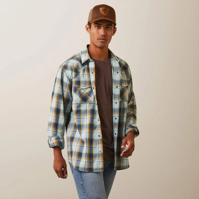 Men's western boots with a leather sole and a heel guardAriat® Men's "Habney" Retro Snap Western Shirt - Aquatic