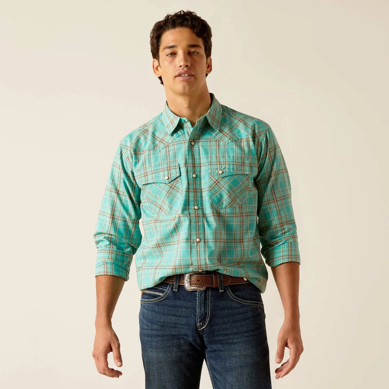 Men's western boots with a leather - wrapped heel and a smooth finishAriat® Men's "Hudsyn" Retro Fit Western Shirt - Blue Turquoise Men's western boots with a leather - wrapped heel and a smooth finishAriat® Men's "Hudsyn" Retro Fit Western Shirt - Blue Turquoise