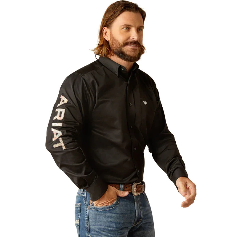 Western - style men's boots with intricate tooling and stitchingAriat® Men's Team Logo Twill Fitted Western Shirt - Black Western - style men's boots with intricate tooling and stitchingAriat® Men's Team Logo Twill Fitted Western Shirt - Black