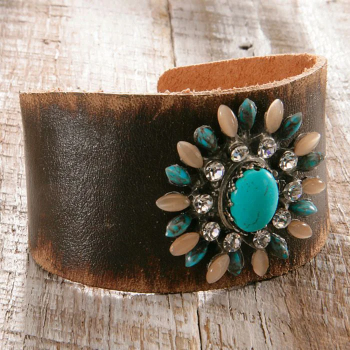 Men's western boots with a silver - toned hardware and accentsBurst of Light Multi-Stone Flowerette Leather Cuff Men's western boots with a silver - toned hardware and accentsBurst of Light Multi-Stone Flowerette Leather Cuff