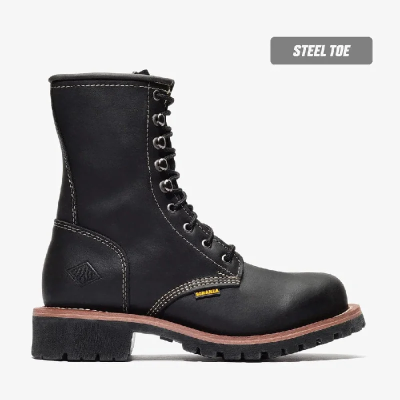 Men's western boots with a decorative concho belt and buckleBonanza Sierra 9" Logger Work Boots (Steel Toe) - Black Men's western boots with a decorative concho belt and buckleBonanza Sierra 9" Logger Work Boots (Steel Toe) - Black