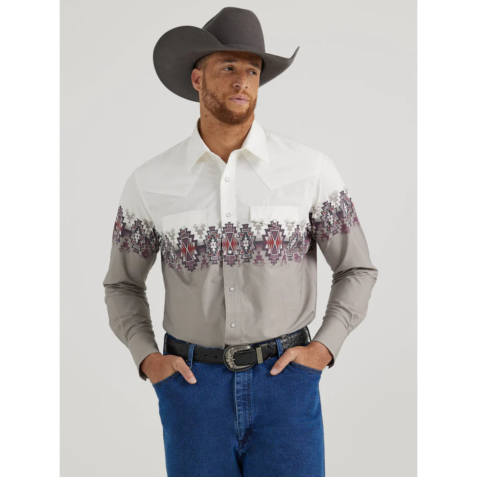 Men's western boots with a traditional western boot silhouette and a polished shineWrangler Checotah® Men's Long Sleeve Western Shirt - White/Gray Men's western boots with a traditional western boot silhouette and a polished shineWrangler Checotah® Men's Long Sleeve Western Shirt - White/Gray