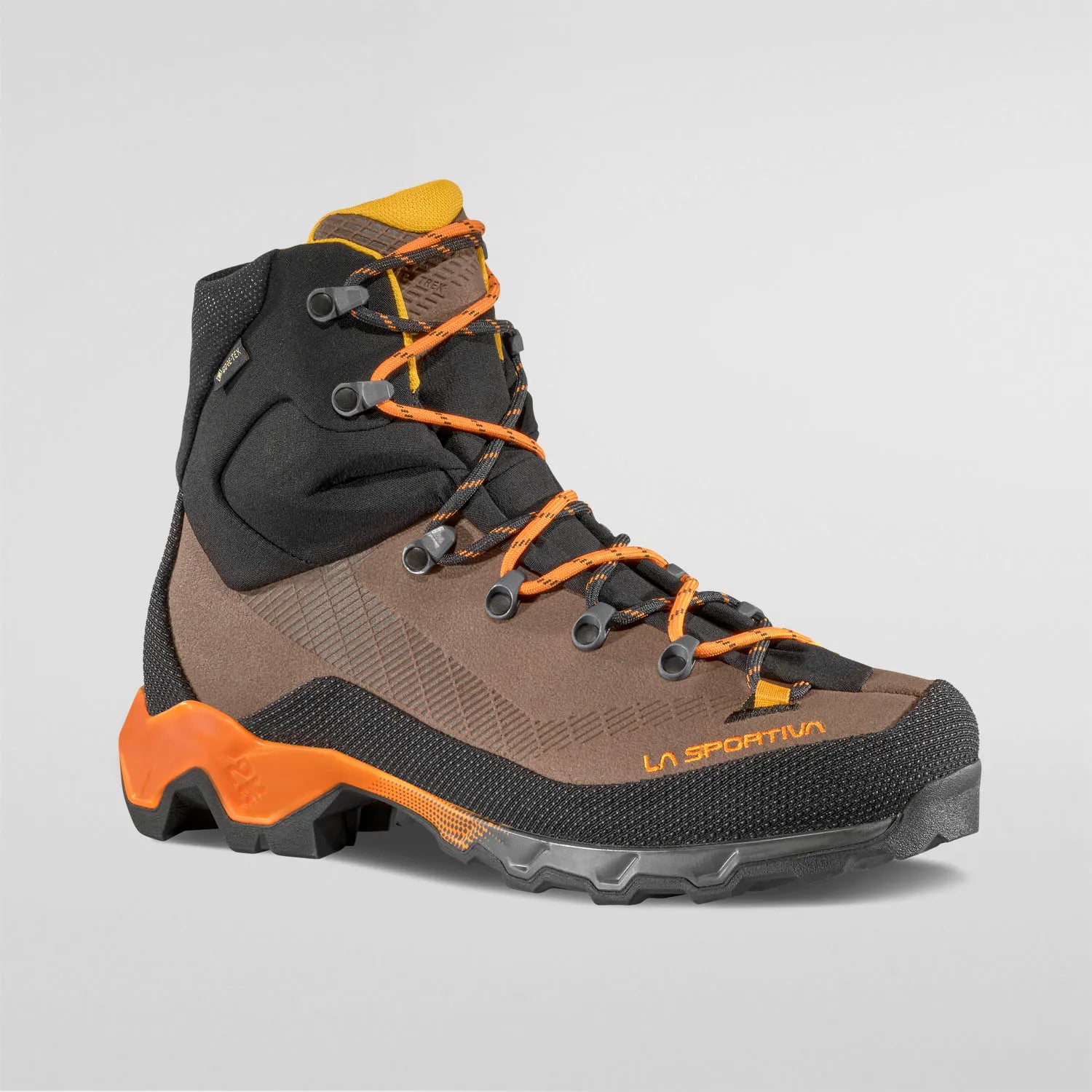 Men's hiking boots with a gusseted tongue to keep out debrisLa Sportiva Aequilibrium Trek GTX Mens Hiking Boot - Chocolate/Papaya Men's hiking boots with a gusseted tongue to keep out debrisLa Sportiva Aequilibrium Trek GTX Mens Hiking Boot - Chocolate/Papaya