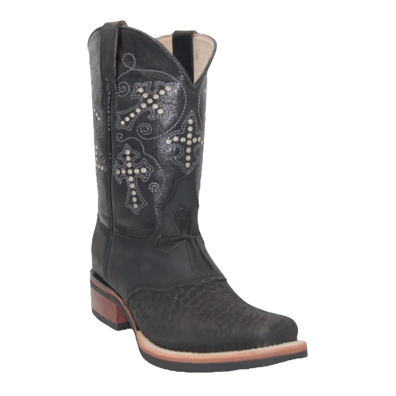 Men's western boots with a concho - studded strap and a pointed toeMen’s Leather Square Toe Cross Embroidered Mid Calf Black Boot Men's western boots with a concho - studded strap and a pointed toeMen’s Leather Square Toe Cross Embroidered Mid Calf Black Boot