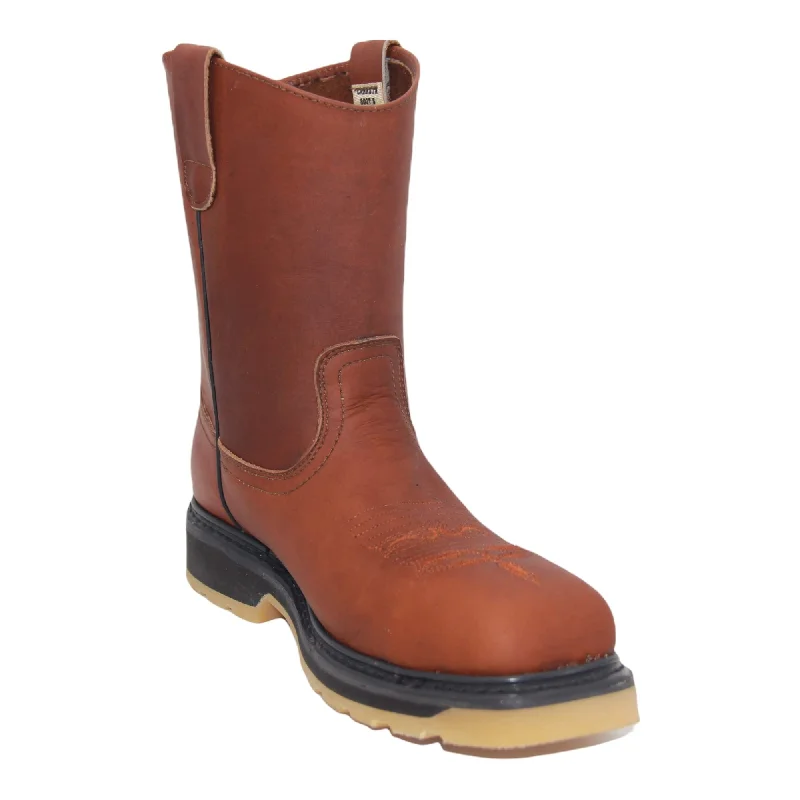Men's western boots with a distressed leather finish for a rugged lookMen's 9" Pull On Steel Toe Leather Work Boot Double Density Sole- 910 Men's western boots with a distressed leather finish for a rugged lookMen's 9" Pull On Steel Toe Leather Work Boot Double Density Sole- 910