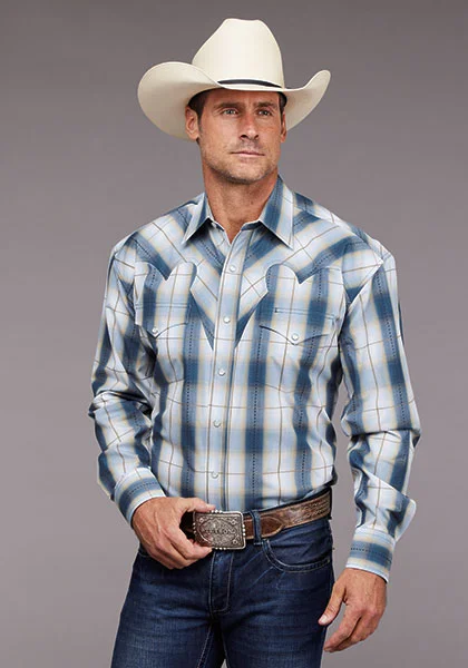 Men's western boots with a rubber sole for traction on various surfacesStetson® Men's Long Sleeve Western Shirt - Denim Dobby Plaid Men's western boots with a rubber sole for traction on various surfacesStetson® Men's Long Sleeve Western Shirt - Denim Dobby Plaid