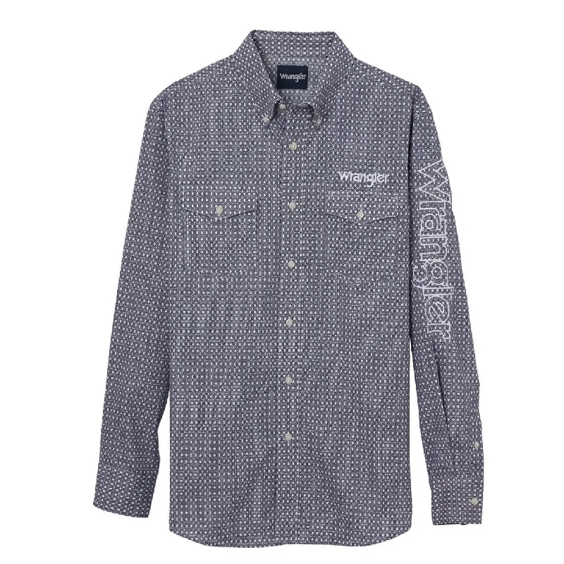 Men's western boots with a suede shaft and a leather soleWrangler® Logo Men's Long Sleeve Western Shirt - Navy Print Men's western boots with a suede shaft and a leather soleWrangler® Logo Men's Long Sleeve Western Shirt - Navy Print