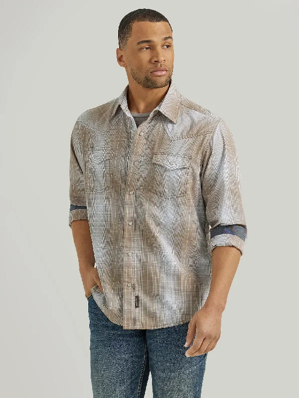 Men's western boots with a decorative concho belt and buckleWrangler® Men's Retro Premium Long Sleeve Snap Western Shirt - Tan Blue Men's western boots with a decorative concho belt and buckleWrangler® Men's Retro Premium Long Sleeve Snap Western Shirt - Tan Blue
