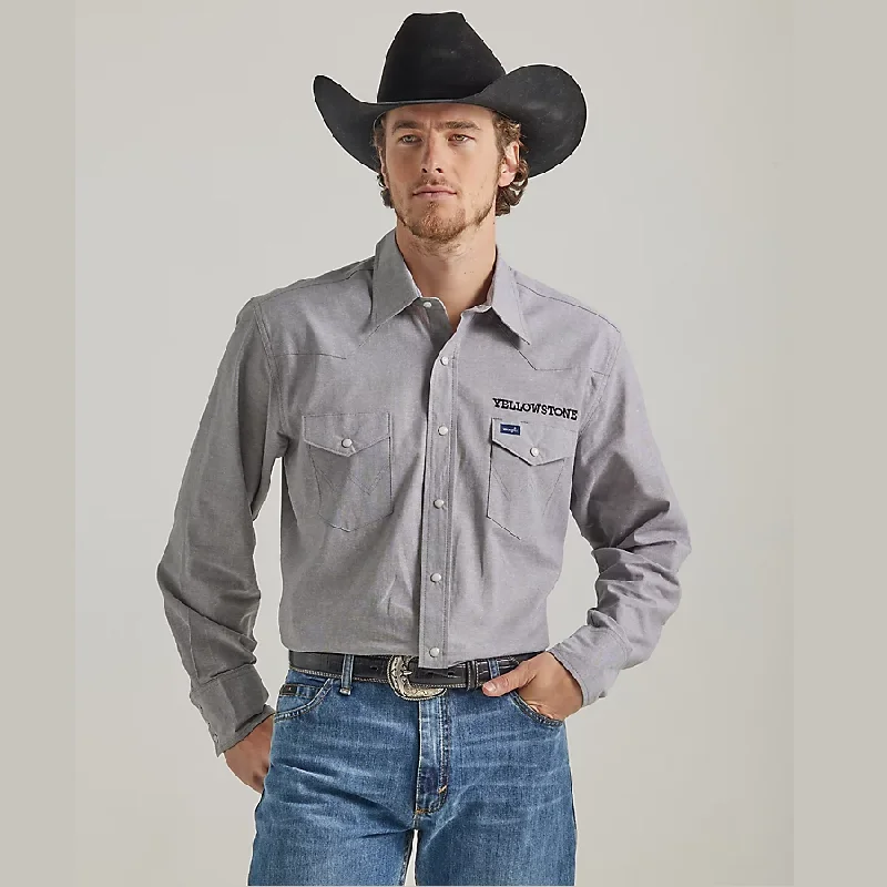 Men's western boots with a high - heeled design and a pointed toeWrangler® Yellowstone Men's Long Sleeve Western Snap Shirt - Grey Chambray Men's western boots with a high - heeled design and a pointed toeWrangler® Yellowstone Men's Long Sleeve Western Snap Shirt - Grey Chambray